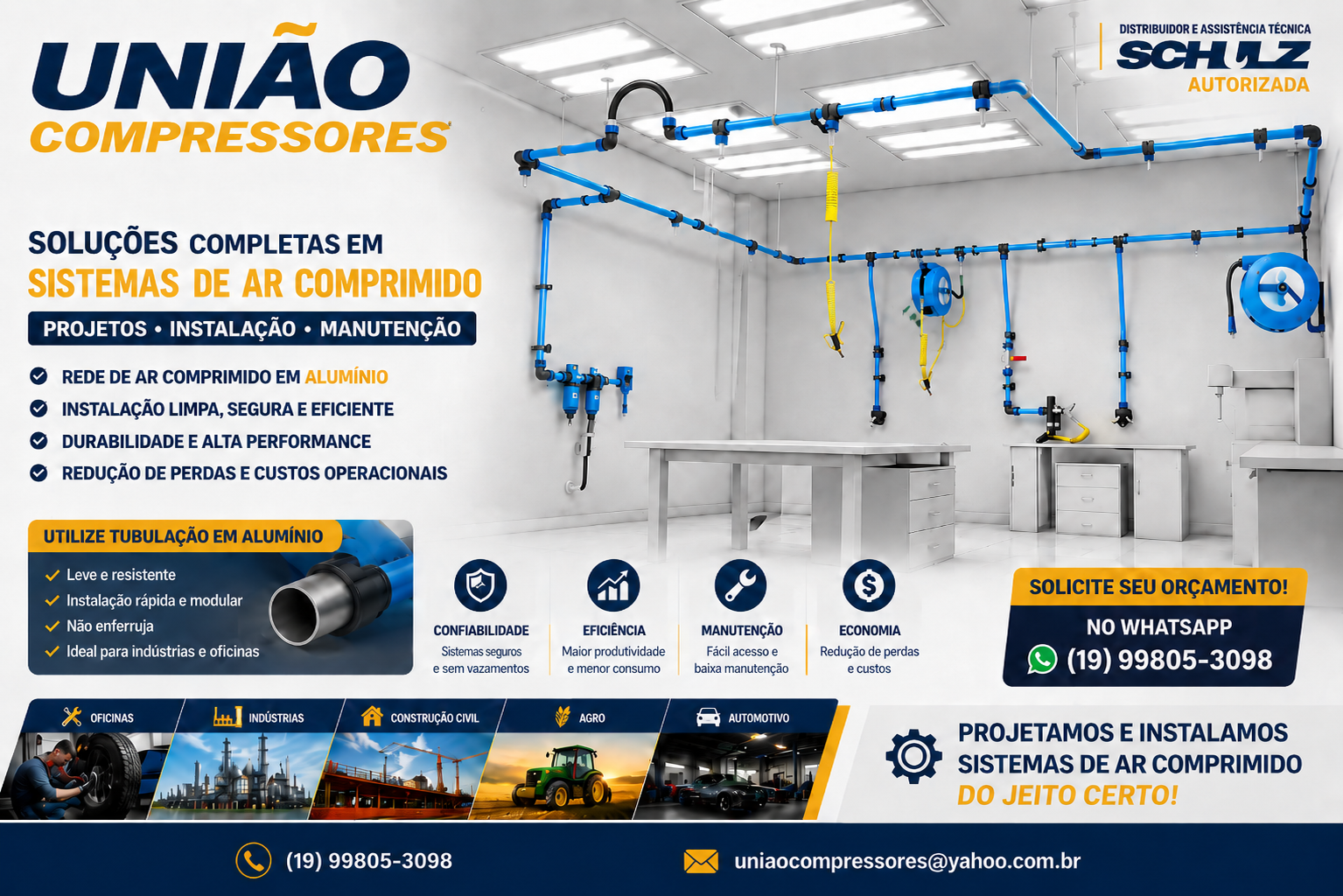 Soluções completas em sistemas de ar comprimido com projetos, instalação e manutenção